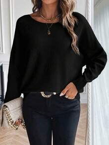 SHEIN LUNE Women's Casual Basic Solid Color Round Neck Batwing Sleeve Sweater, Autumn/Winter Everyday Black - Black - View 4