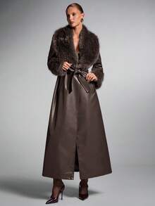 SHEIN BAE Women's Solid Color Fur Collar Fashionable Versatile Long Coat - Coffee Brown - View 6