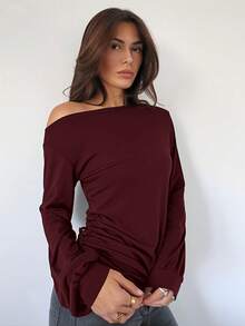 Siren Gaze Women's Casual Oblique Shoulder Ruched Waist Long Sleeve T-Shirt, Suitable For Autumn/Winter Christmas Red New Year New Year Party Burgundy - Burgundy - View 5