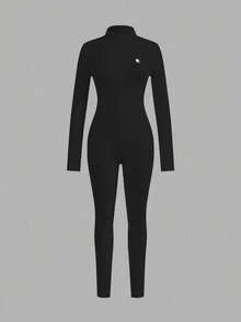 SHEIN EZwear 休闲长袖小马标志印花前拉链连体裤，适合秋冬 - 彩色 - 查看 3