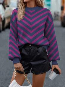 SHEIN LUNE Women's Oversized Crew Neck Drop Shoulder Long Sleeve Loose Knit Pullover Sweater - Bold Plum - View 3