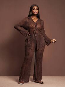 Veslaya Party Exclusive 2025 New Women's Plus Size Sexy/Party/Club/Nightclub Lace Sheer Bodycon Brown Khaki Lapel Tie-Up Flare Sleeve Cardigan With Elastic Waist Wide Leg Long Pants 2-Piece Set CaramelCore Brown Two Piece Set Women Blouse And Pants Set Elegant 2 Piece Set Pant Suit Set - Coffee Brown - View 1