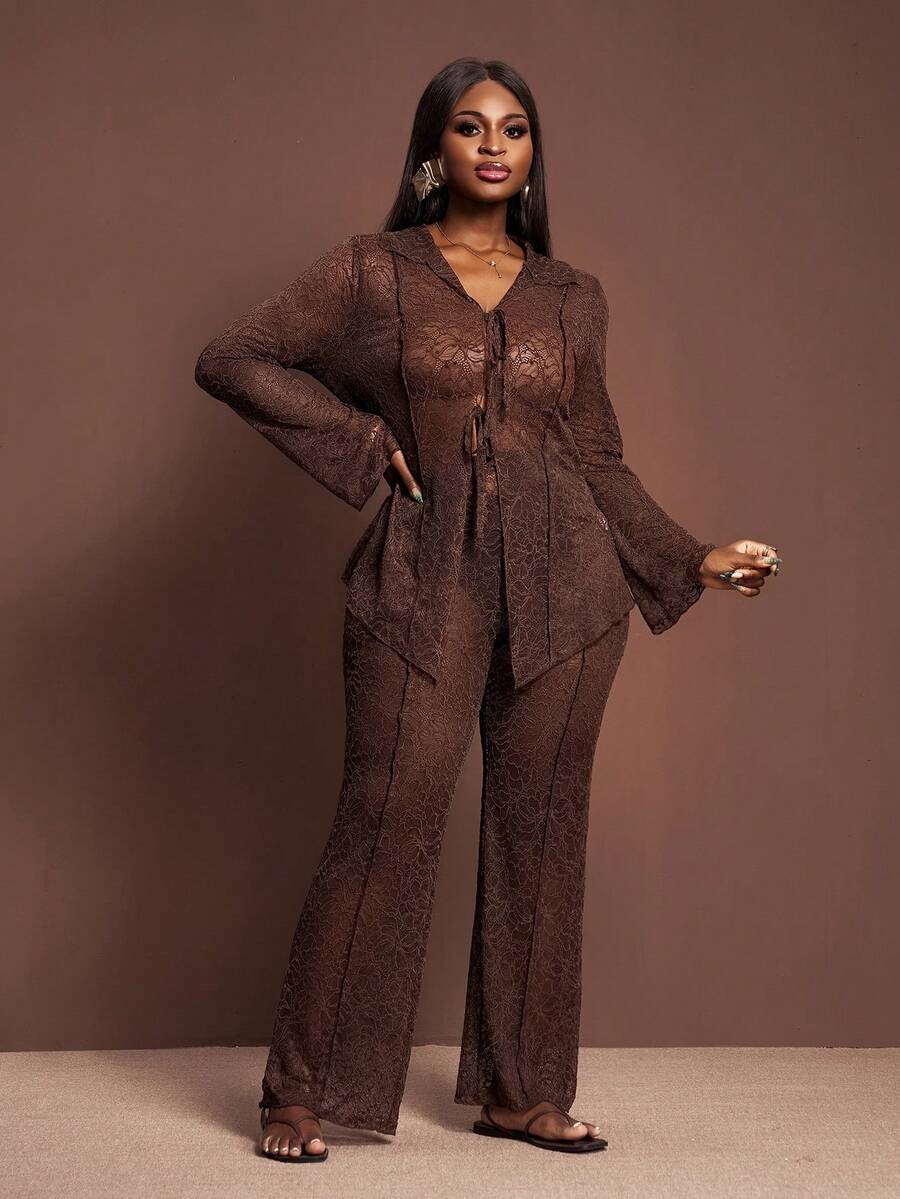 Veslaya Party Exclusive 2025 New Women's Plus Size Sexy/Party/Club/Nightclub Lace Sheer Bodycon Brown Khaki Lapel Tie-Up Flare Sleeve Cardigan With Elastic Waist Wide Leg Long Pants 2-Piece Set CaramelCore Brown Two Piece Set Women Blouse And Pants Set Elegant 2 Piece Set Pant Suit Set - Coffee Brown - View 1