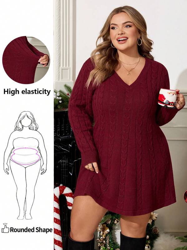 Enliva Plus Size Women Long Sleeve Sweater Dress, A-Line Hem Cable Knit Dress/Winter