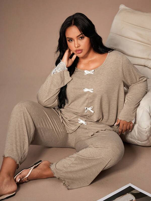 Lazeform Conjunto de ropa de dormir informal con decoración de lazo romántico, encaje de contraste suave y amigable con la piel, talla grande
