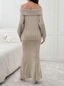 SHEIN 2pcs/Set Maternity Casual Off Shoulder Top & Long Skirt Knit Two Piece Set Maternity Two Piece Sets Two Piece Set Skirt 2 Piece Set Ribbed Two Piece Set - Khaki - View 2