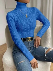 RosyDaze 女士休闲日常通勤纯色高领粗针织修身毛衣，秋冬 - 淺藍色 - 查看 4