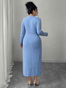 SHEIN Lacomfia Váy dệt kim màu trơn thanh lịch cỡ lớn có nút phía trước - Màu xanh lam - Xem 2