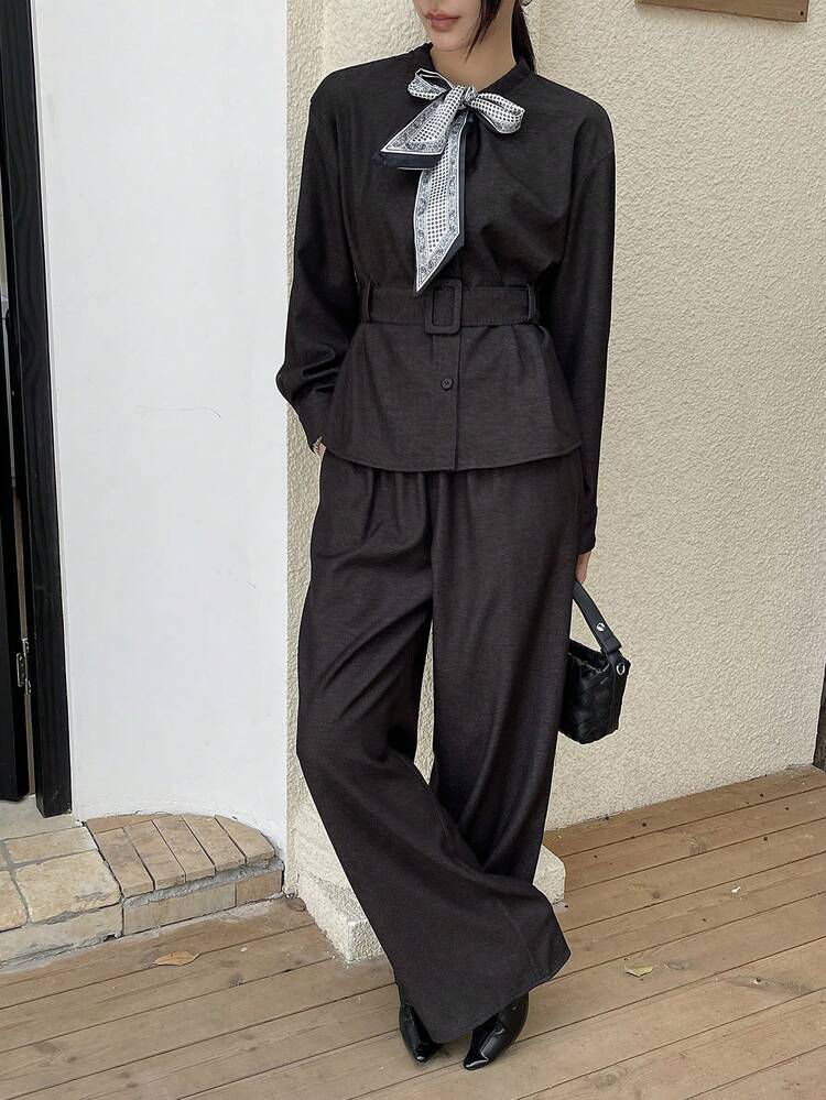 Women's Elegant Fashion Set, Scarf, Stylish Waist Decor Top And Straight Wide-Leg Pants 2 Pieces Set