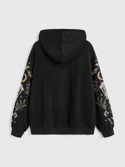 Goth sweat-shirt à capuche zippé avec poches pour femmes, imprimé de papillon de nuit et de jardin gothique, et de champignons