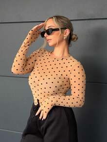 Jeta Ari 波尔卡圆点印花修身褶皱女式长袖衬衫，秋装 - 卡其色 - 查看 1