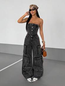 StreetHx 女式纯色前扣吊带背心连体裤，时尚实用牛仔连体衣