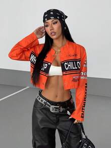StreetHx Women's Streetwear Motorcycle Letter Print Cropped Jacket - Orange - View 4