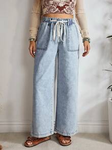 EMERY ROSE Pantalones vaqueros de pierna ancha con cordón y lavado casual para vacaciones - Azul - Ver 6