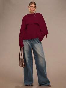 SHEIN BAE Women's Elegant Burgundy Solid Color Loose Knit Casual Pullover Sweater,Autumn Christmas Sweater,Red Top,Fall Winter Clothes For Dining - Burgundy - View 3