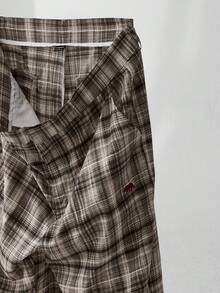 ESTAVOR 男士休闲复古格子刺绣细节宽松长裤，秋季 - 黑與白 - 查看 5