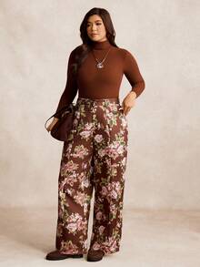 EMERY ROSE Plus Size Women Vintage Minimalist High Waist Elegant Digital Print Long Casual Pants, Winter - Brown - View 6