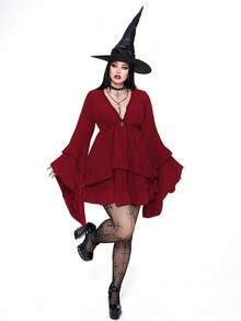 Whyspr Plus Size Women's Punk Dark Sweet Deep V Layered Ruffle Hem Long Sleeve Short Dress, Autumn/Winter - Burgundy - View 5