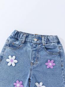 Young Girl Fashion Washed Floral Flocked Flared Jeans With Slant Pockets 90s Purple Girl Lavender - Light Wash - View 6