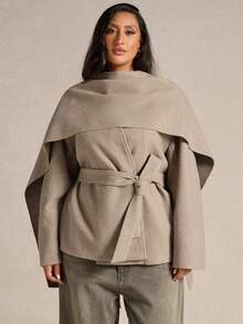 SHEIN BAE Poncho manteau casual couleur unie grande taille pour femmes, automne/hiver - Kaki - Voir 3