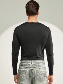 FeverCity Áo thun dệt kim dài tay cổ chữ V ôm sát thường ngày cho nam - màu đen - Xem 4