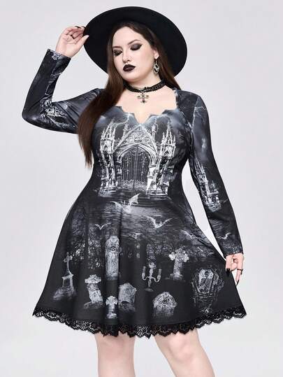 Goth Vestido de talla grande para mujer con estampado de castillo gótico, lápida, cuervo y murciélago, con cuello de encaje y parches en la cintura