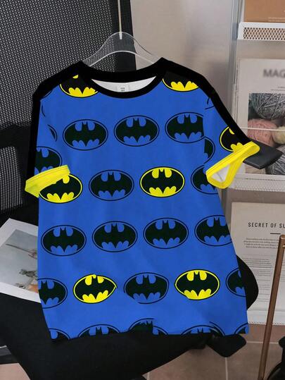 BATMAN X SHEIN 青少年男孩夏季休闲时尚街头全身印花撞色侧缝短袖 T 恤