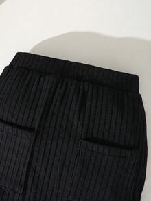 Elladie kids 少女黑色极简拼接罗纹长袖圆领上衣搭配舒适时尚A字裙，秋冬套装 - 黑色 - 查看 5