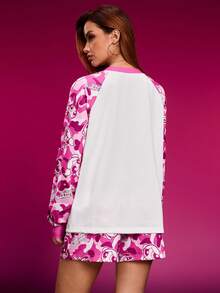 THE POWERPUFF GIRLS X SHEIN Bộ 2 món áo dài tay cổ chữ V họa tiết hoa, bong bóng, hoa mao lương khối màu dành cho nữ - Hồng - Xem 2