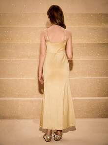 Tween Girl' 亮片拼布腰部开衩下摆优雅圣诞派对连衣裙 - 杏色 - 查看 2