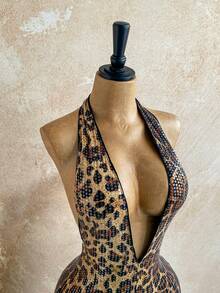 Soleia 女士度假亮片豹纹针织纹理深 V 领露背性感紧身衣，时尚修身连体衣，适合派对、约会、下午茶、波西米亚风度假、海滩、夏季 - 棕色 - 查看 5