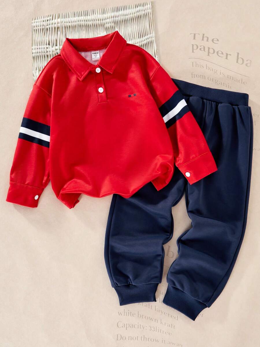 SHEIN Casuvi Young Boys 2-Piece Set, Polo Collar Long Sleeve Top & Solid Pants, Sporty Casual Striped Outfit For Daily Wear, Vacation, Back To School, Autumn - Red - View 1