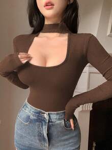 DAZY 女式修身方领超短款短袖方领T恤，夏季 - 棕色 - 查看 4