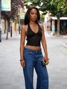 SHEIN BAE 露背 V 领弹力性感可爱蕾丝女式夏季服装波西米亚风露背上衣、女式演唱会服装、女式街头服装、狂欢服装