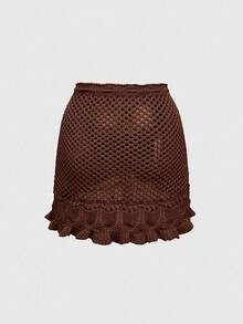 ROMWE Women's Summer Beach Casual Vacation Hollow-Out Knit Skirt - Coffee Brown - View 2