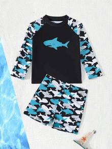SHEIN Young Boy Cartoon Shark Print Swimsuit Set,Long Sleeve Rash Guard Toddler Swim Shirt&Swimwear For Summer,Beach,Holiday Swimming - Multicolor - View 7