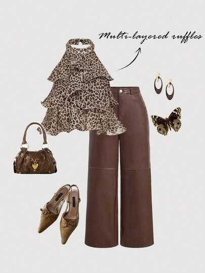 SHEIN MOD Leopard Print Multi-Layered Ruffle Crop Top, Cute Top, Women's Tube Top, Elegant Silhouette, Backless Top, New Year's Top, Women's Party Top, Off-The-Shoulder Top, Suitable For Everyday Wear, Vintage Dress, Western Style, Bohemian Style, Retro 70s, Y2k, Date, Party, Court, Festival Wear, Birthday Wear, Prom Wear,Winter Outfit Women,Retro Outfit For Women