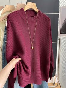 SHEIN Franclia 女款秋季酒紅色羅紋針織毛衣，休閒日常圓領長袖套頭衫，優雅寬鬆大版冬季上衣，聖誕 - 紫紅色 - 查看 5