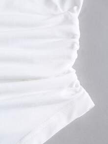 Sweetra Women's New Casual Round Neck Solid Color Coffee Brown Shoulder Tie Bow Decor Asymmetrical Hem Waist Ruched Long Sleeve T-Shirt, Suitable For Commuting And Outings In Spring, Summer And Autumn - White - View 5