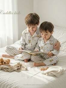 2pcs Young Boy Cute Bear Print & Gray Striped Long Sleeve Top And Pants Elegant Comfortable Pajama Set Night Wear Kids Kids Collar Neck Pajama Sets Cotton Boys Pajamas Boys Sleeping Clothes Kids Long Pajama Sets Unisex Long Pajama Sets Cute Sets Button Up Pajama Set Kids Pajama Sets - Light Grey - View 2