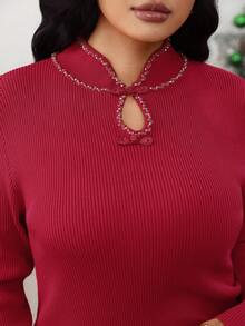 Elenzga Femmes grande taille Élégant col rond Manches longues Conception de boutons Chandail, Automne/Hiver