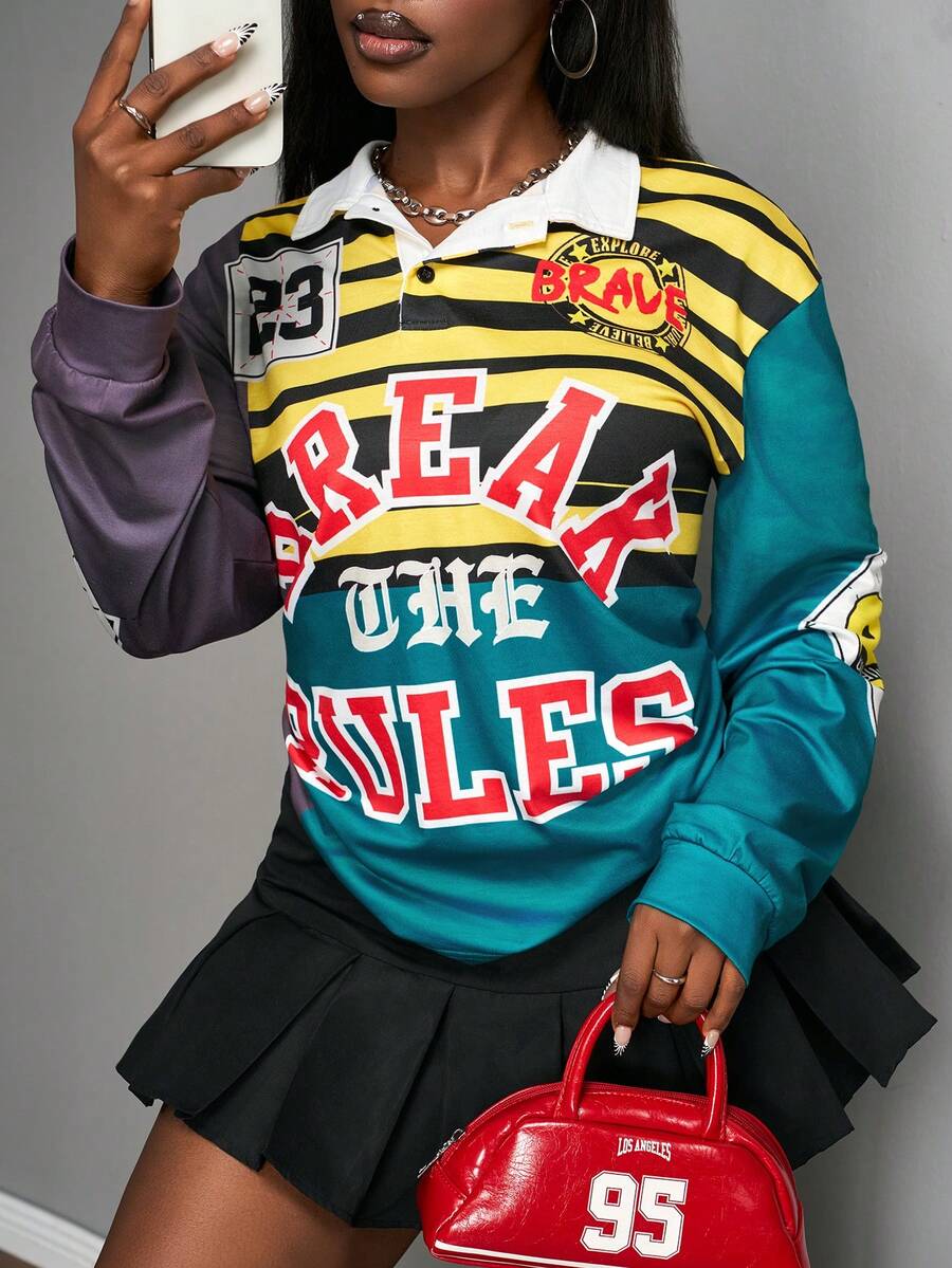 Slaydiva 2025新款夏季休闲街头运动风复古学院POLO领翻领半开襟落肩长款斑马领TRUE英文印花5号斑马星图案姜黄色印花女T恤-B - 彩色 - 查看 1