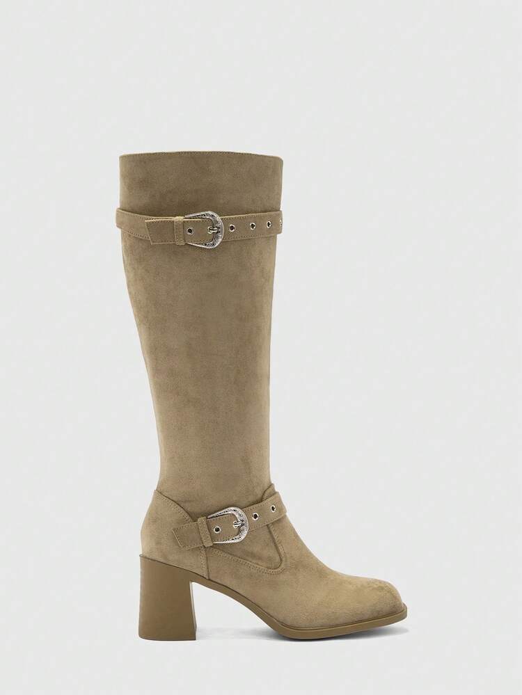 CUCCOO BIZCHIC Women's Fashion Over-The-Knee Boots, Square Toe Chunky Heel Design, Solid Khaki Color, Side Zipper With Multi-Strap Decor, Versatile For Skirts, Jeans, Coats, Suitable For Autumn/Winter, Fashion Shows, Commuting, Stylish Ladies Tall Boots