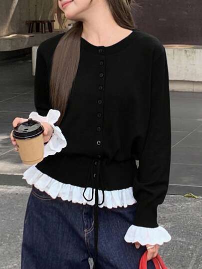 DAZY Patchwork Contrast Color Ruffle Splice Long Sleeve Round Neck Drawstring Tie Casual Sweater For Women, Autumn/Winter