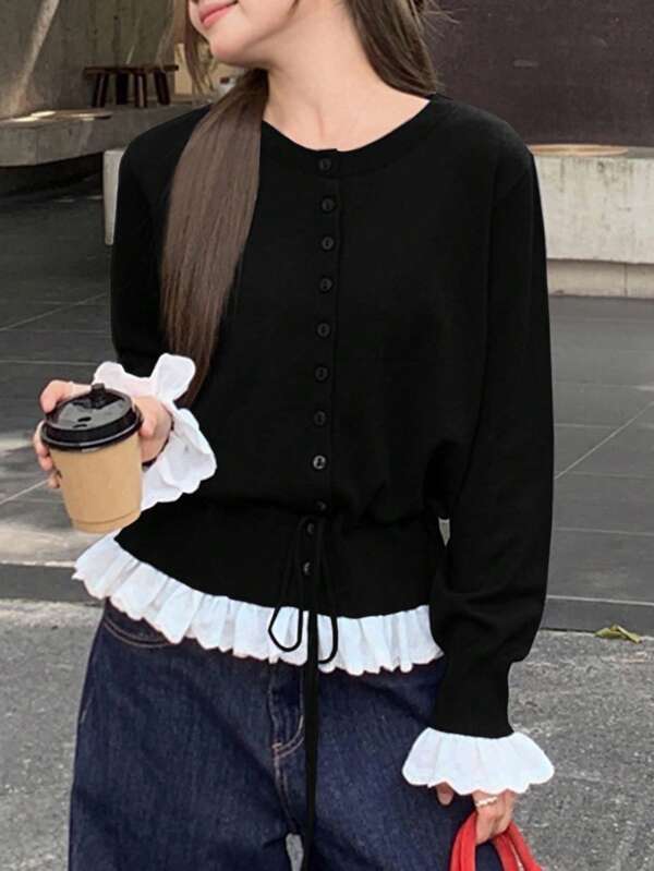 DAZY Patchwork Contrast Color Ruffle Splice Long Sleeve Round Neck Drawstring Tie Casual Sweater For Women, Autumn/Winter