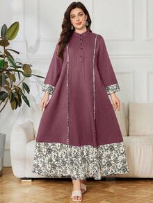 Lacomfia Plus Size Casual Printed Patchwork Long Sleeve Loose Fit Dress, Spring/Autumn - Multicolor - View 3
