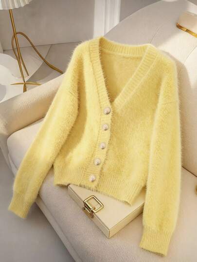 Franclia 女式 V 领黄色纽扣羊绒开衫