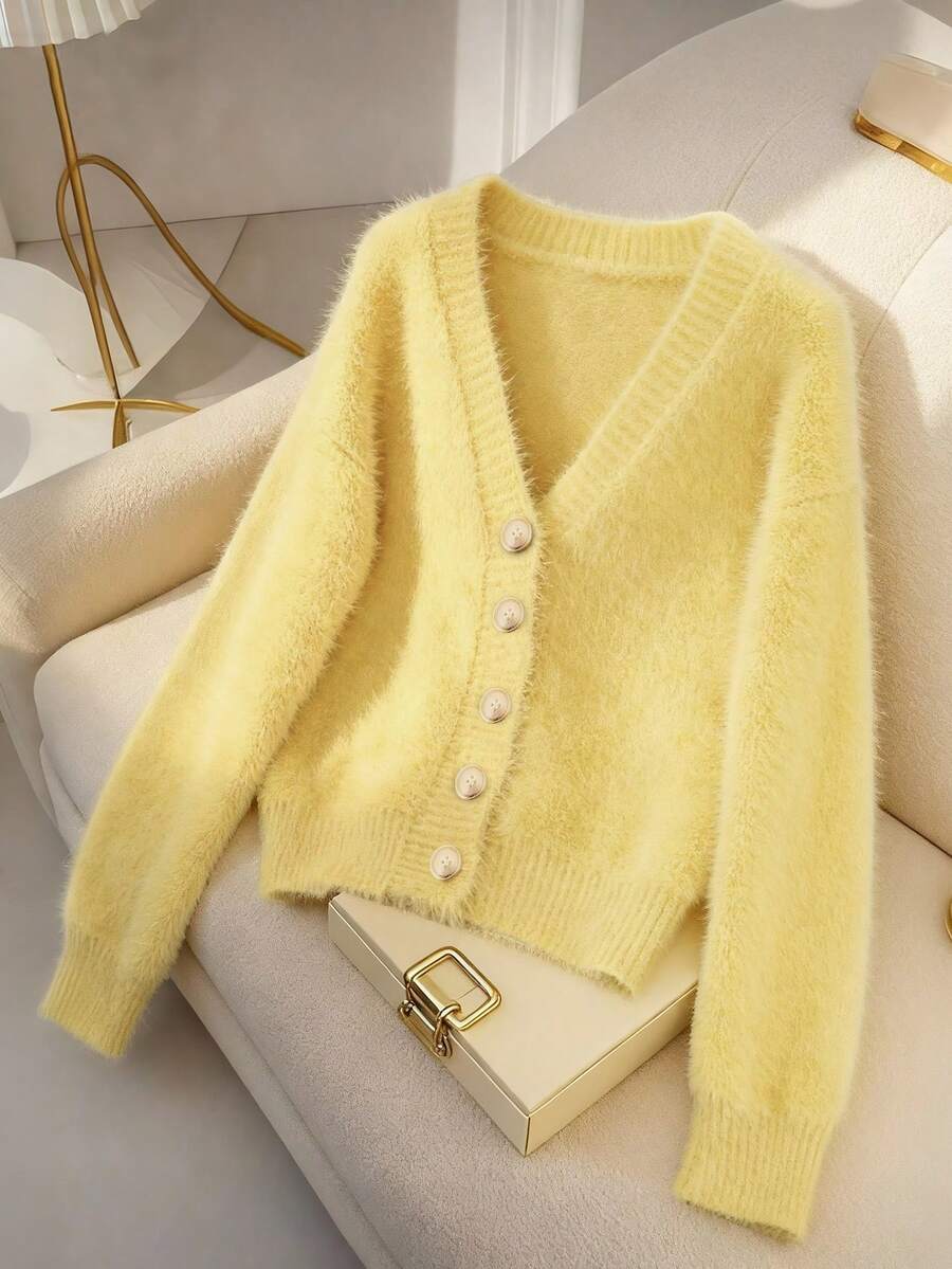 Franclia 女式 V 领黄色纽扣羊绒开衫 - 黃色 - 查看 1