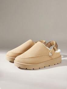 Solecia 女士时尚舒适天鹅绒保暖百搭厚底鞋，高端闭趾平底两穿套脚雪地靴 - 杏色 - 查看 2