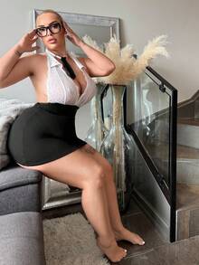 2 件办公室女士制服，深 V 领，性感，LadyBoss 女仆领带，花卉蕾丝，色块，黑白，可穿外套，适合酒吧、派对，大码内衣